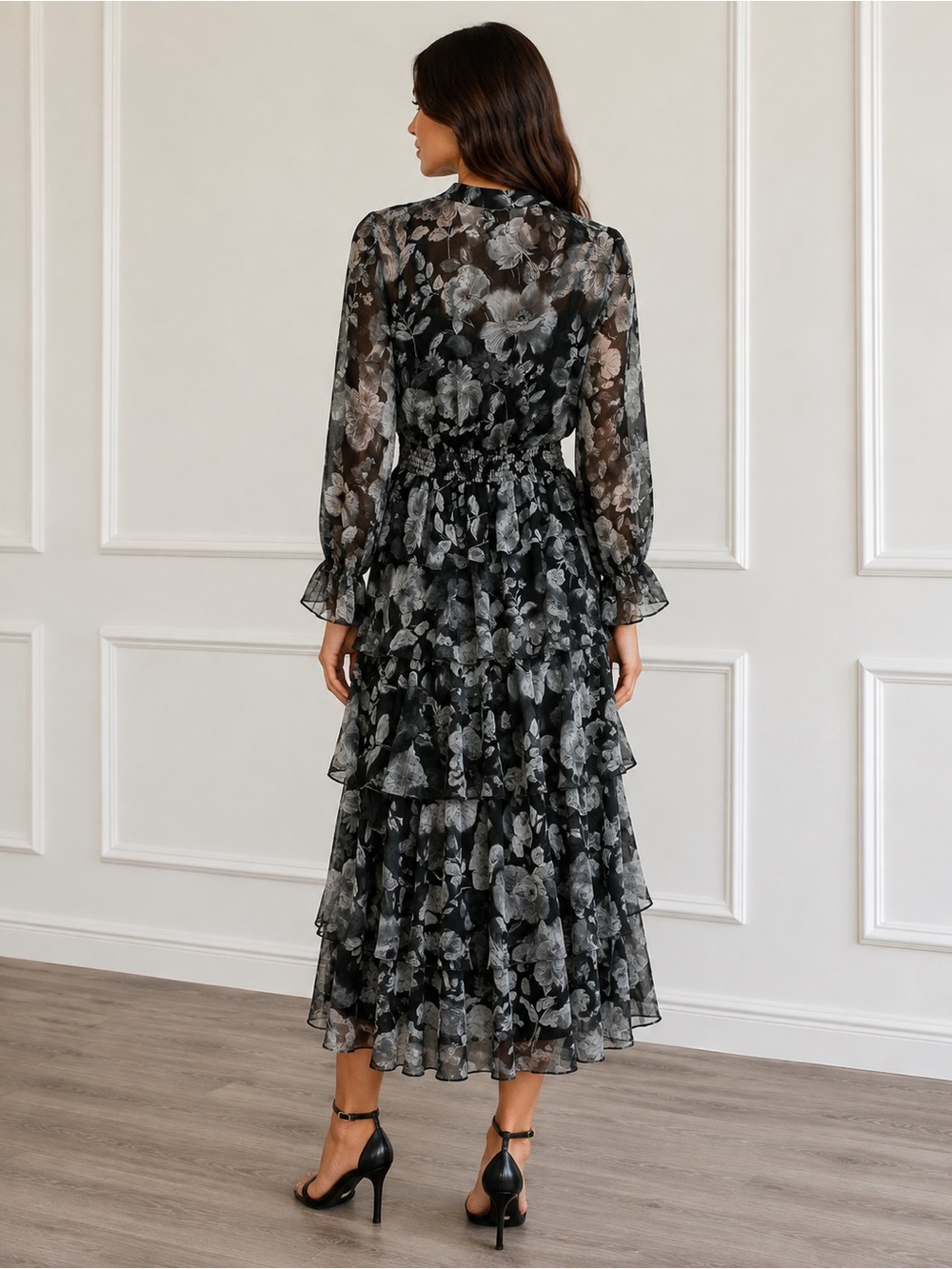 Misa Los Angeles Black & Gray Floral Tiered Long-Sleeve Midi Dress - Picture 2 of 5
